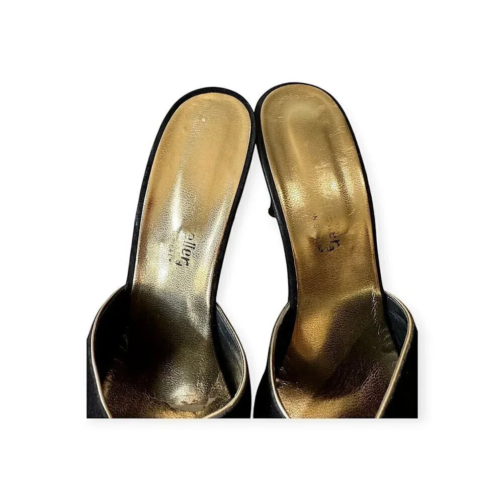 Andrew Geller Black Suede Gold‎ Trim Cutout Wededge Sandals, Vintage,